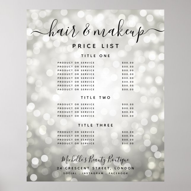 Modern Silver Glitter Lights Salon Price Menu  Poster (Front)