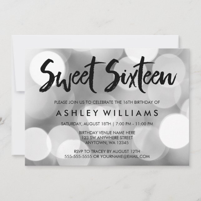 Modern Silver Glitter Lights Sweet 16 Invitations (Front)