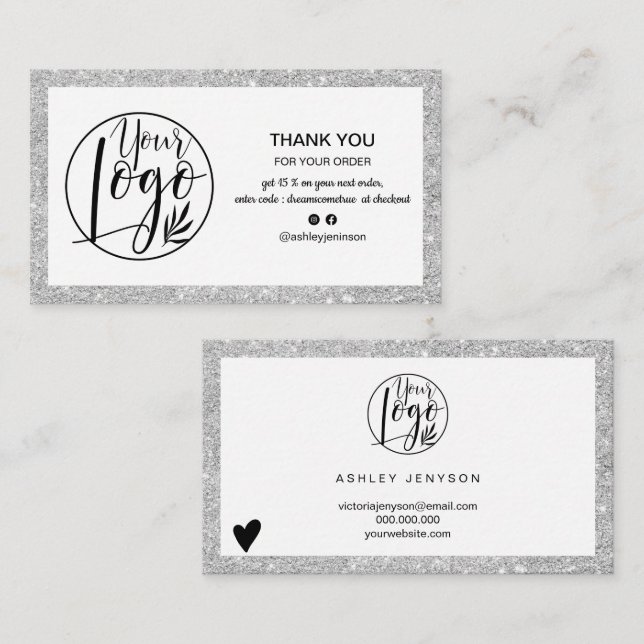 Modern silver glitter logo order thank you business card (Front/Back)