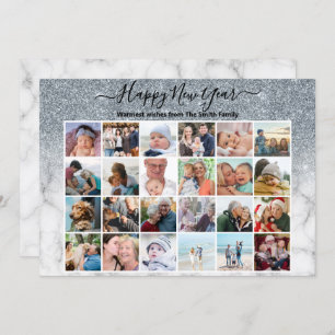 Modern Silver Glitter Marble Elegant Script Photo  Holiday Card