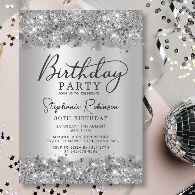 Modern Silver Glitter Metal Foil 30th Birthday Invitation (Creator Uploaded)