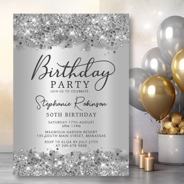 Modern Silver Glitter Metal Foil 50th Birthday Invitation (Creator Uploaded)