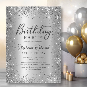 Modern Silver Glitter Metallic Foil 10th Birthday  Invitation
