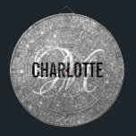 Modern silver glitter monogram name dart board<br><div class="desc">Modern silver glitter dart board with a white typography name and black monogram. Personalise with name and initial.</div>