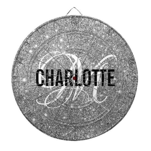 Modern silver glitter monogram name dart board (Front)