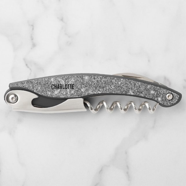 Modern silver glitter monogram name waiter's corks corkscrew (Front)