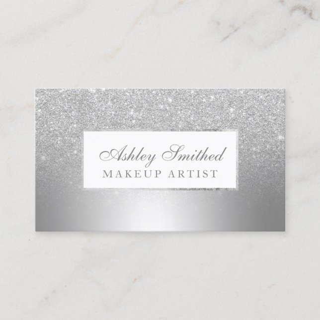 Modern silver glitter ombre metallic foil makeup business card (Front)