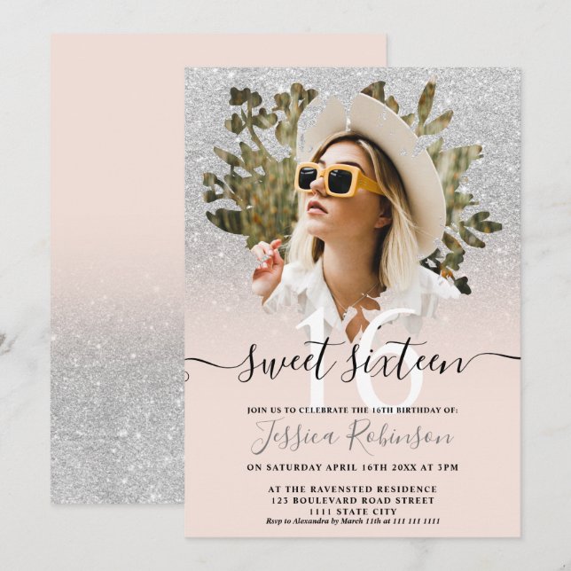 Modern silver glitter ombre photo floral Sweet 16 Invitation (Front/Back)
