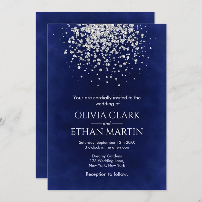 Modern Silver Glitter on Royal Blue Invitation (Front/Back)