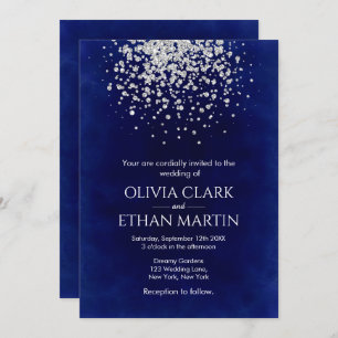 Modern Silver Glitter on Royal Blue Invitation