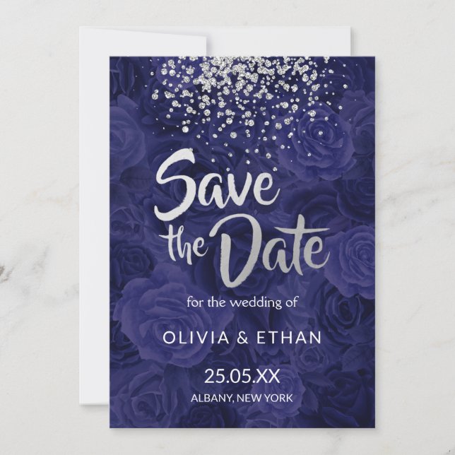 Modern Silver Glitter on Royal Blue Roses Save The Date (Front)