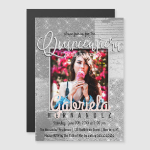 Modern Silver Glitter Photo Quinceañera Magnetic Invitation