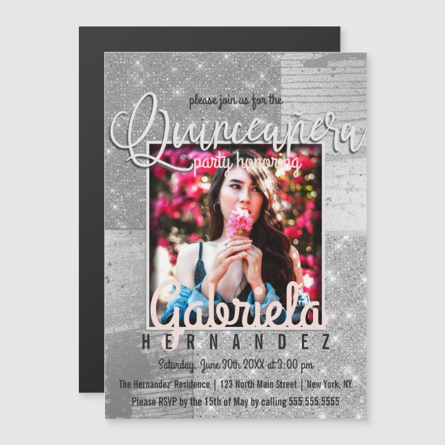 Modern Silver Glitter Photo Quinceañera Magnetic Invitation (Front/Back)