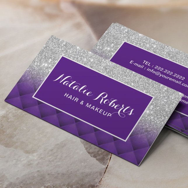 Modern Silver Glitter Purple Diamond Pattern Salon Business Card (Creator Uploaded)