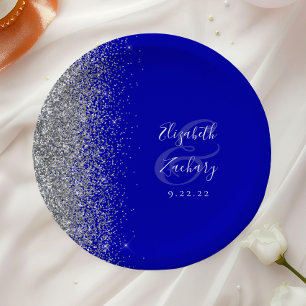 Modern Silver Glitter Royal Blue Wedding Paper Plate