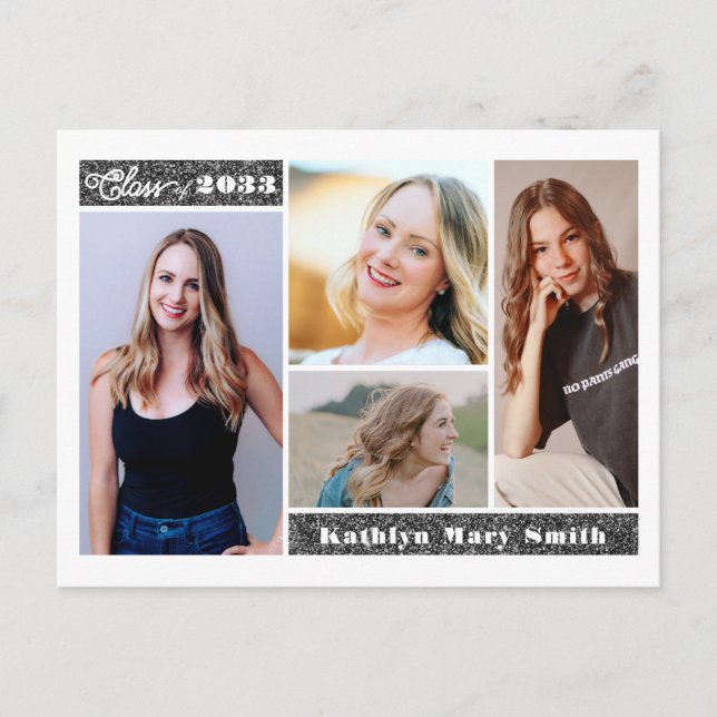 Modern Silver Glitter Script Chic Photo Graduation Invitation Postcard (Front)