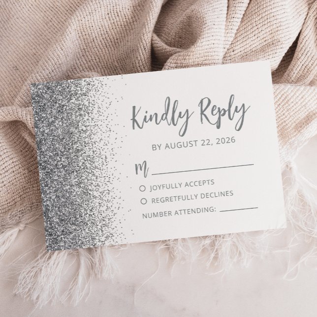 Modern Silver Glitter Script White RSVP Card (Creator Uploaded)
