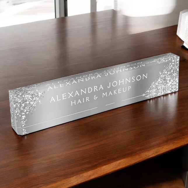 Modern Silver Glitter Sparkle Hair Makeup Nameplate (Creator Uploaded)