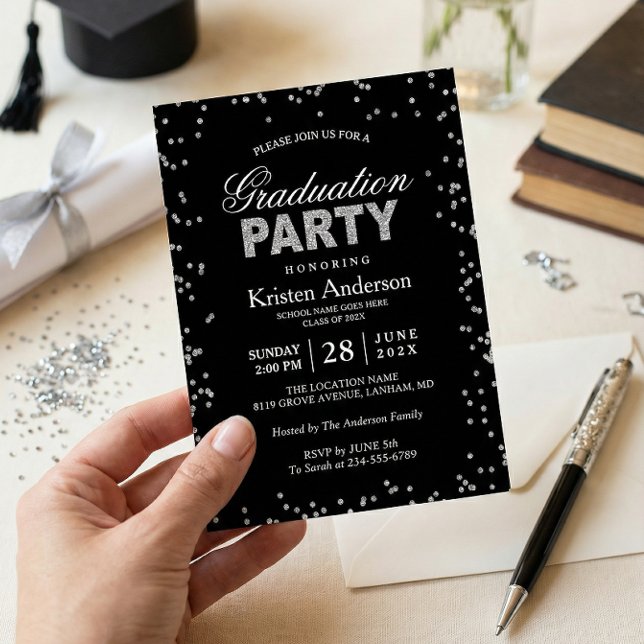 Modern Silver Glitter Sparkles Graduation Party Invitation (Creator Uploaded)