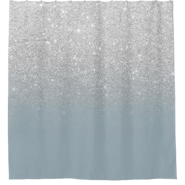 Modern silver glitter sparkles ombre dusty blue shower curtain (Front)