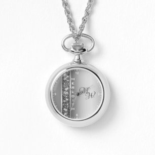 Modern Silver Glitter Stars Custom Name Initials Watch