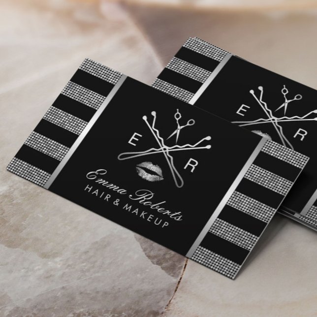 Modern Silver Glitter Stripes Beauty Salon Business Card (Creator Uploaded)