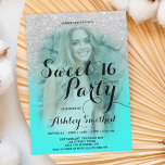 Modern silver glitter teal aqua photo Sweet 16 Invitation<br><div class="desc">A modern,  pretty faux silver glitter shower ombre with teal aqua colour block Sweet 16 birthday party invitation with your custom photo with gold ombre pattern fading onto a teal background. Perfect for a princess Sweet sixteen,  perfect  for her,  the fashionista who loves modern pattern and glam</div>