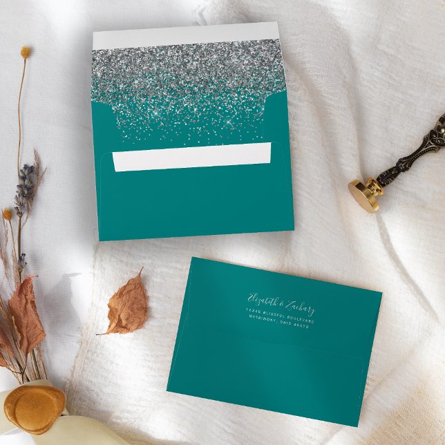 Modern Silver Glitter Teal Blue Wedding Envelope (Creator Uploaded)
