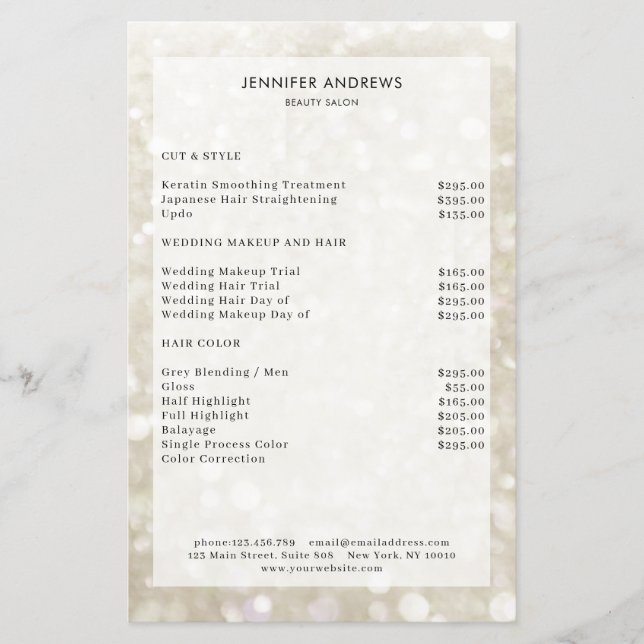Modern Silver-Gold Glitter Salon Price List  Flyer (Front)