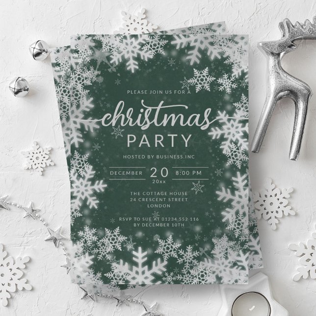 Modern Silver Green Snowflakes Company Christmas  Invitation (Modern Silver Green Snowflakes Company Christmas Invitation)