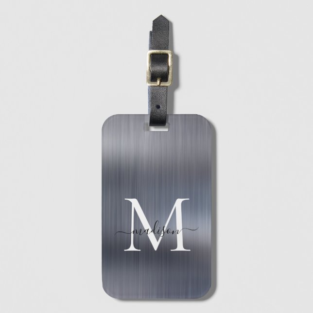 Modern Silver Grey Brushed Metal Script Monogram Luggage Tag (Front Vertical)
