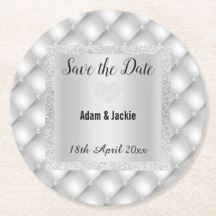 MODERN SILVER GREY DIAMOND SAVE THE DATE COASTER