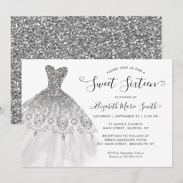 Modern Silver Grey Glitter Dress Sweet 16 Birthday Invitation (Front/Back)