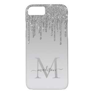 Modern Silver Grey Glitter Drips Sparkle Monogram iPhone 8/7 Case