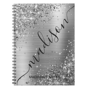 Modern Silver Grey Glitter Metallic Name Signature Notebook