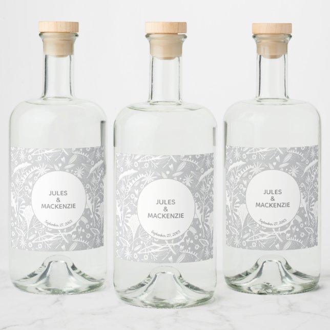 Modern Silver Grey Graphic Floral Botanical Liquor Bottle Label (Bottles)