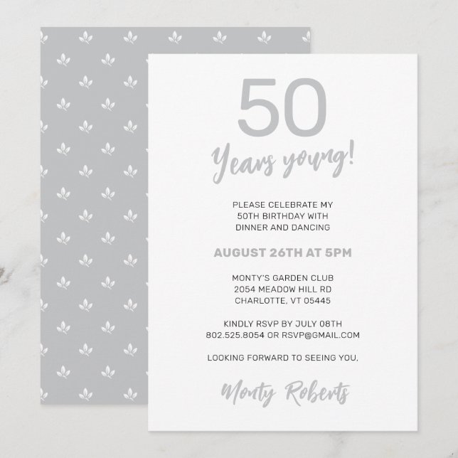 Modern Silver Grey Men's 50th Birthday Party Invitation (Front/Back)