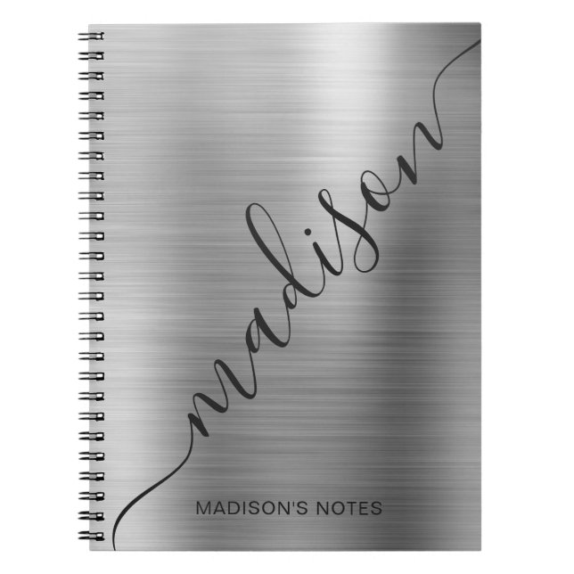 Modern Silver Grey Monogram Script Name Notebook (Front)