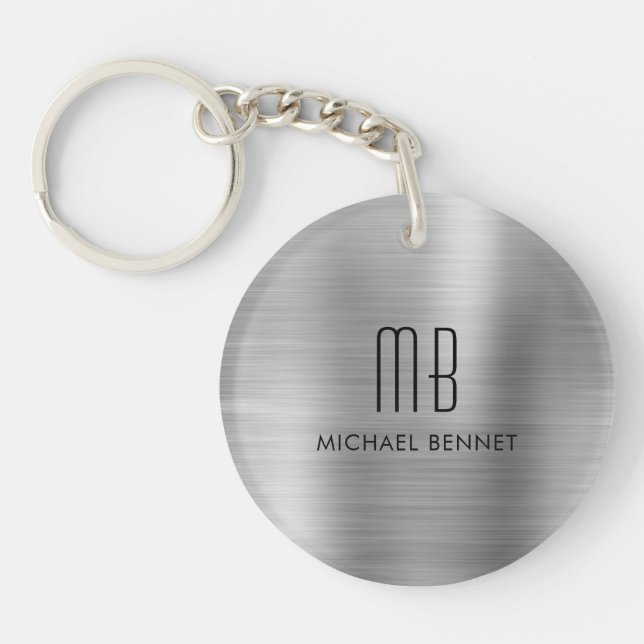 Modern Silver Grey Monogrammed Key Ring (Front)