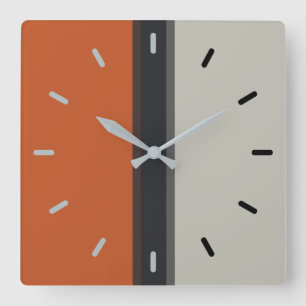 Modern Silver Grey Navy Orange Red Stripe Pattern Square Wall Clock