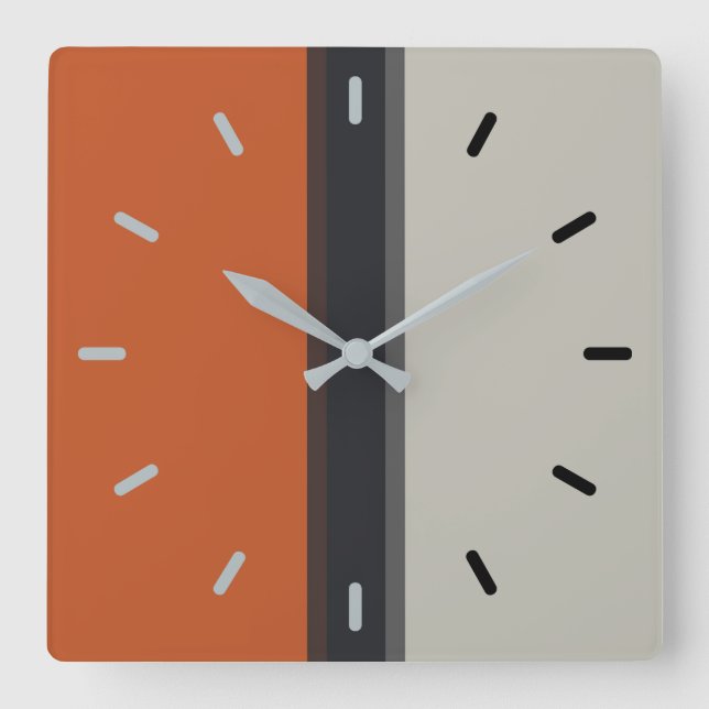 Modern Silver Grey Navy Orange Red Stripe Pattern Square Wall Clock (Front)