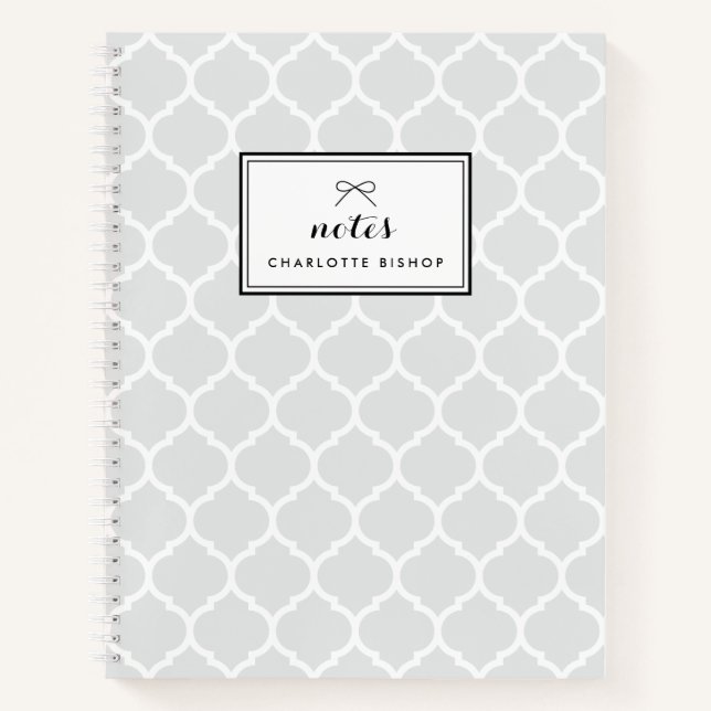 Modern Silver Grey Quatrefoil Pattern Personalised Notebook (Front)