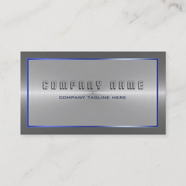 Modern Silver Grey Stainless Steel Blue Accent Business Card (Front)