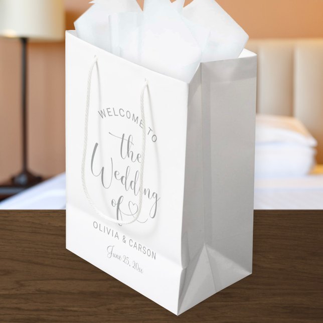 Modern Silver Heart Script Wedding Welcome Medium Gift Bag (Creator Uploaded)