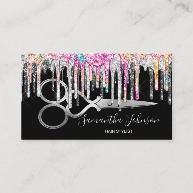 Modern Silver holographic hairstylist hairdresser Business Card (Front)