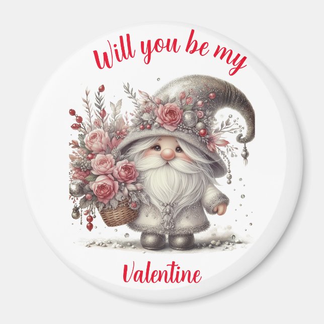 Modern Silver hues floral basket valentine gnome Magnet (Front)