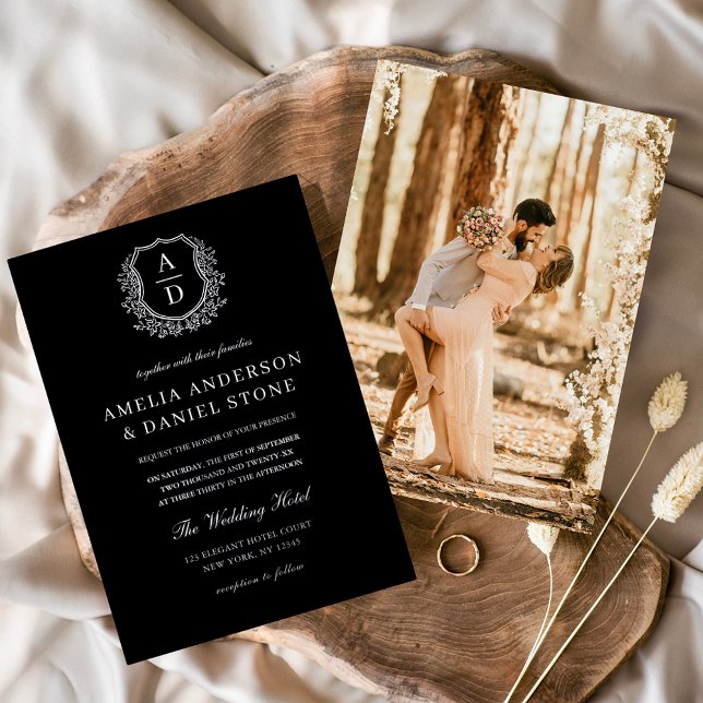 Modern Silver Leafy Crest Monogram Photo Wedding  (Creator Uploaded)