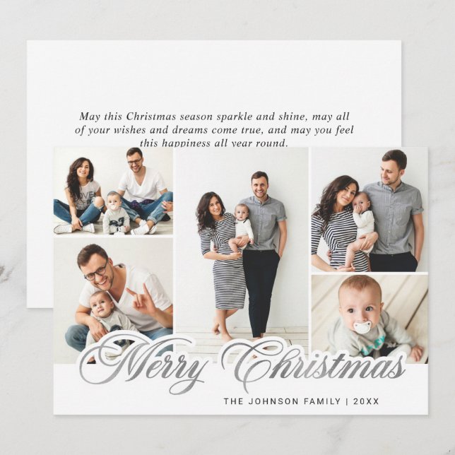 Modern Silver Lettering Christmas 5 PHOTO Greeting Holiday Card (Front/Back)
