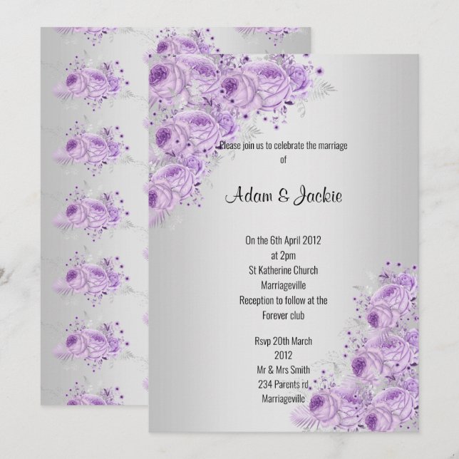 Modern Silver Lilac Purple floral ELEGANT WEDDING Invitation (Front/Back)
