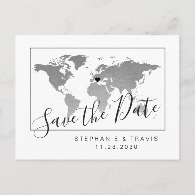 Modern Silver Map Save Date Postcard (Front)